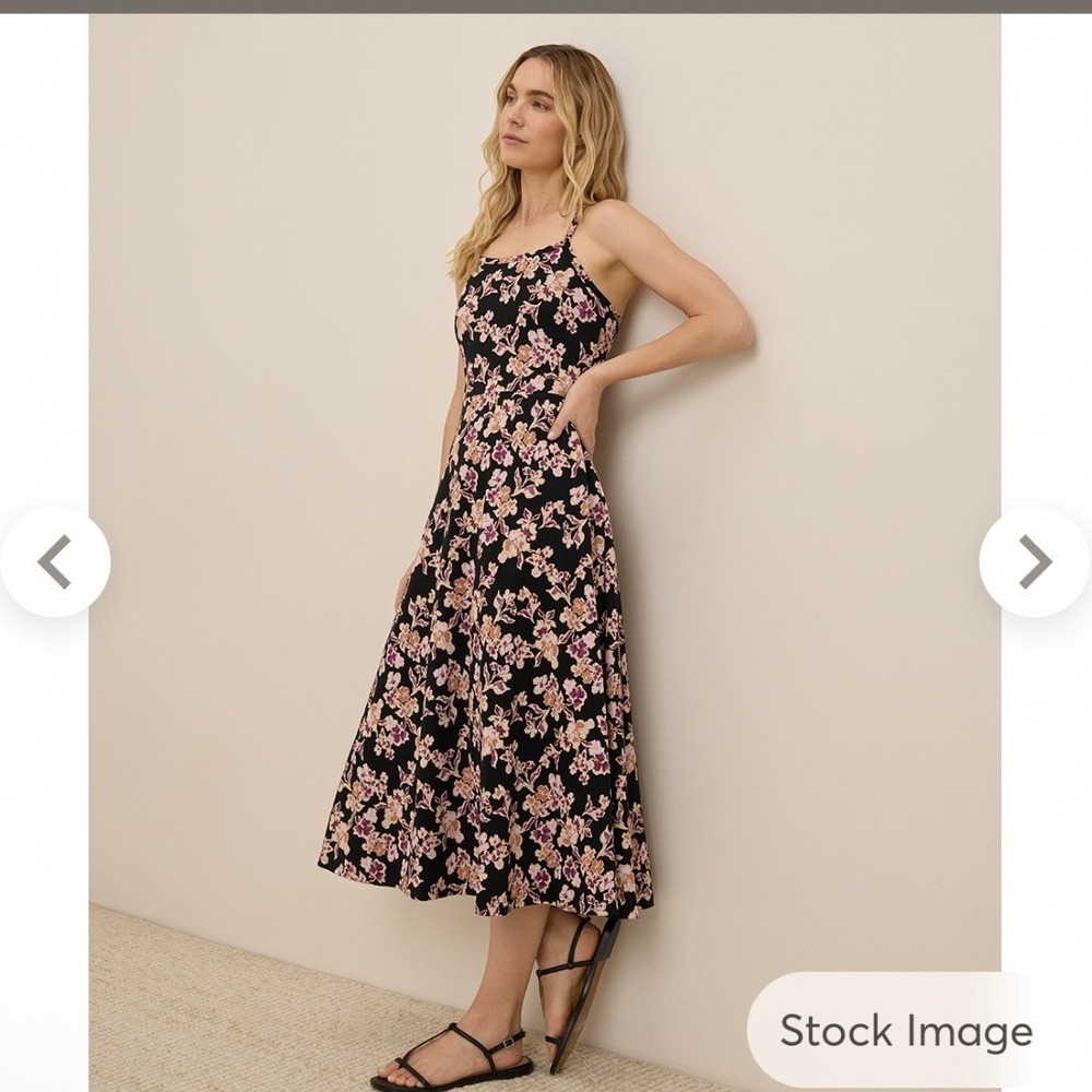 Pact Women Scattered Posies Black Organic Cotton Fit & Flare Midi Dress Small